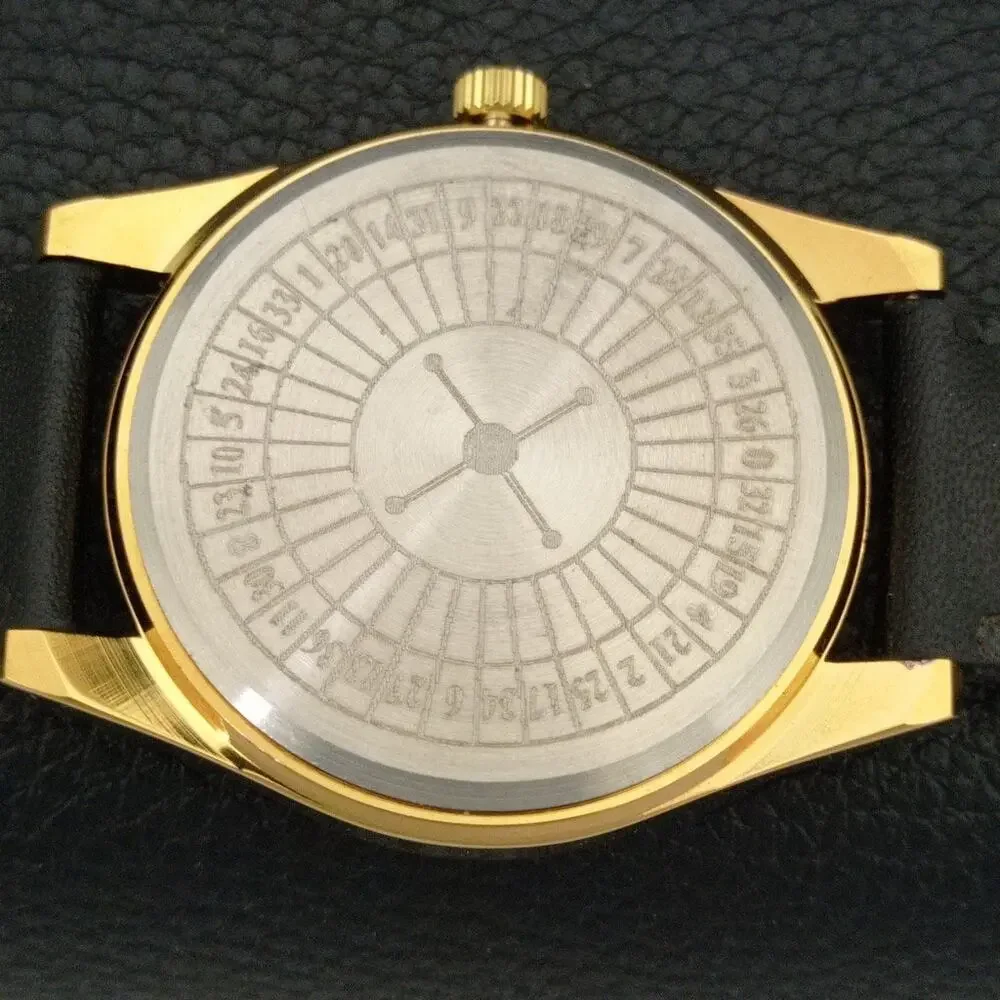 Vintage 1979 Roulette Manual Mens Gold Watch W/Leather Strap & Red/Yellow accent